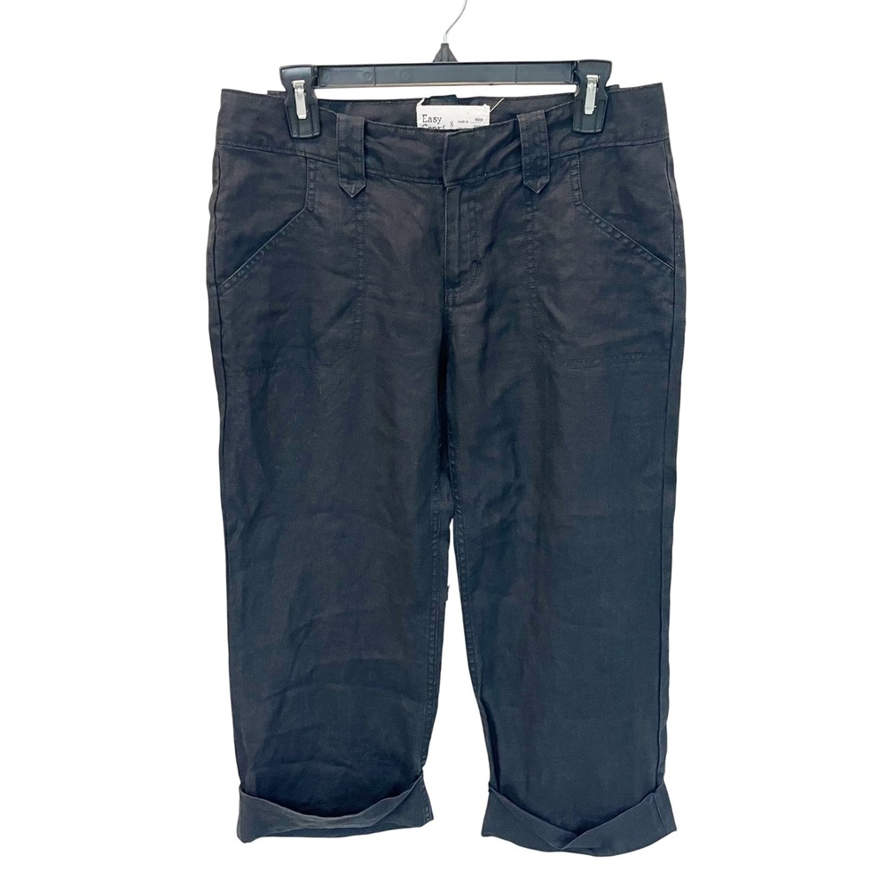 George & Martha Black Linen Easy‎ Capri Pants Womens Size 8 Cuffed Crop Trousers